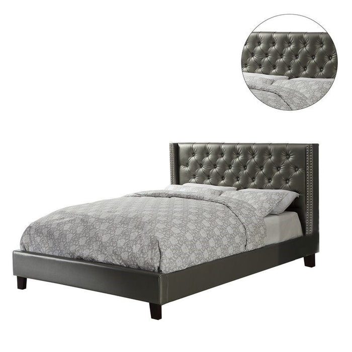 Full Size Bed 1 Piece Bed Set Silver Faux Leather Upholstered Tufted Bed Frame Headboard Bedroom Furniture