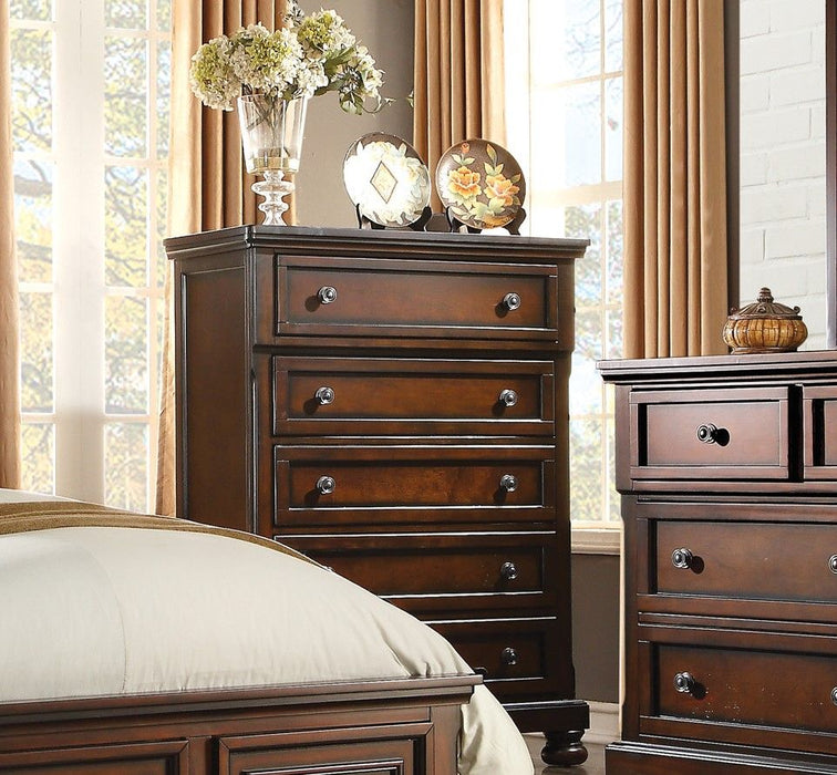 Transitional Bedroom 1 Piece Chest Of Five Drawers Bun Feet Brown Cherry Finish Birch Veneer Home Furniture
