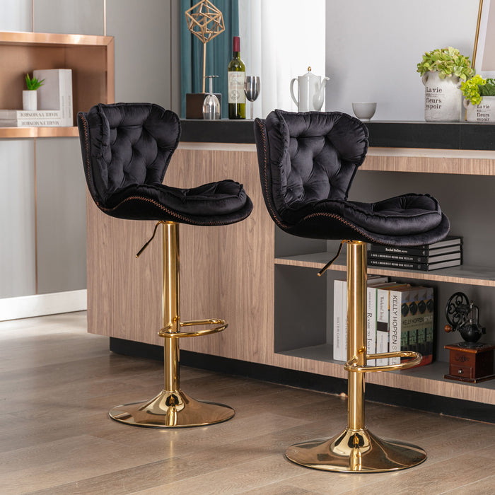 (Set of 2) Bar Stools, With Chrome Footrest And Base Swivel Height Adjustable Mechanical Lifting Black Velvet And Golden Leg Simple Bar Stool