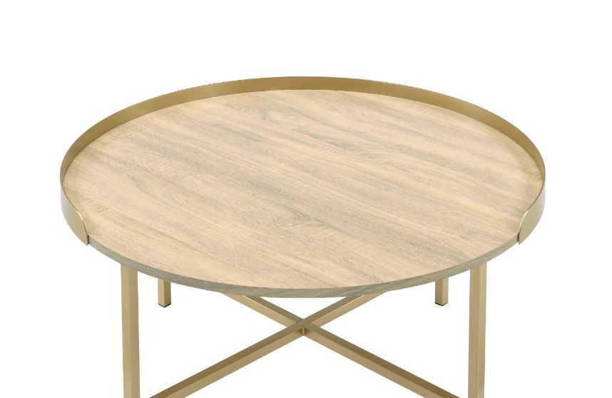 Mithea - Coffee Table - Oak Table Top & Gold Finish Unique Piece Furniture