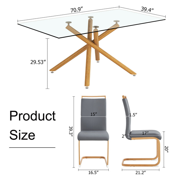 A Table With Four Chairs Glass Dining Table With Tempered Glass Tabletop And Wooden Metal Legs PU Leather High Backrest Cushioned Side Chair With C Shaped Chrome Metal Legs