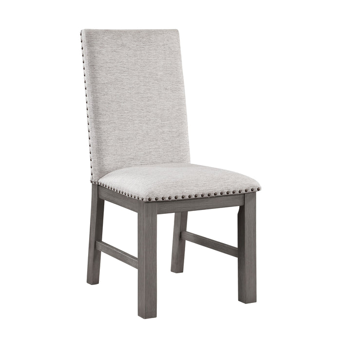 Dining Chairs 2 Piece Set Beige Fabric Upholstered Seat And Back Nailhead Trim Gray Finish Wood Frame Rustic Design Dining Furniture