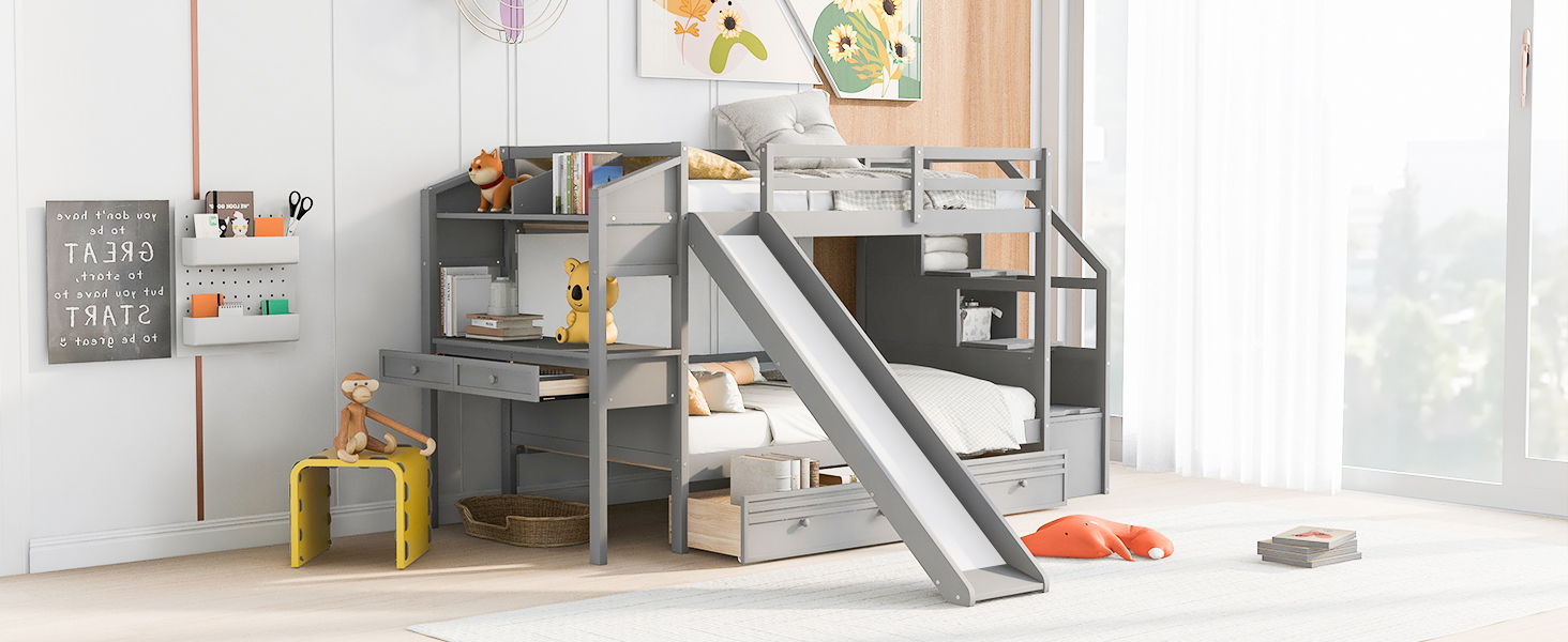 Twin Over Twin Bunk Bed With Storage Staircase, Slide And Drawers Desk With Drawers And Shelves, Gray