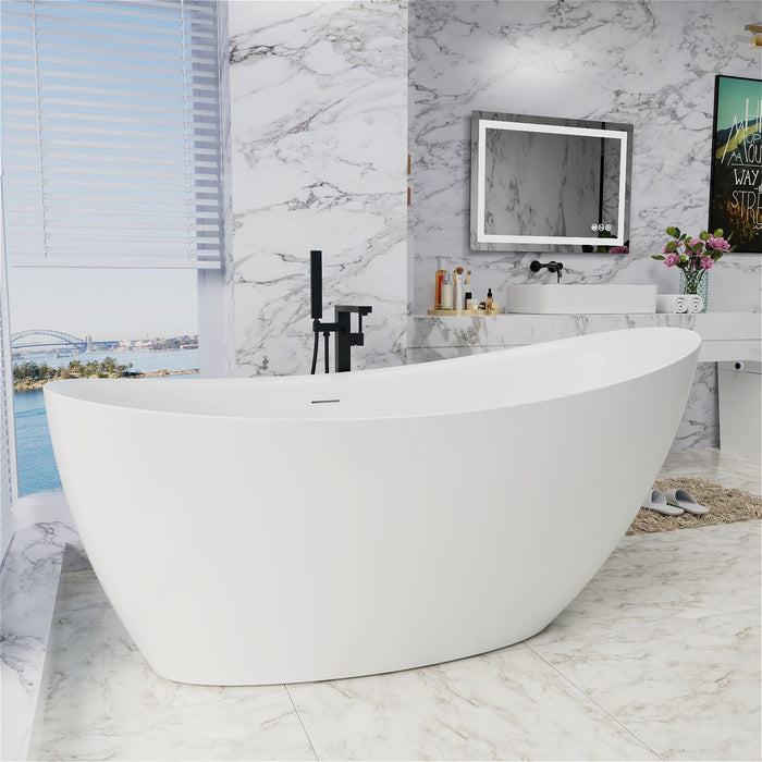 67'' Single Slipper Tub Solid Surface Stone Resin Freestanding Soaking Bathtub Comfortable Backrest - White