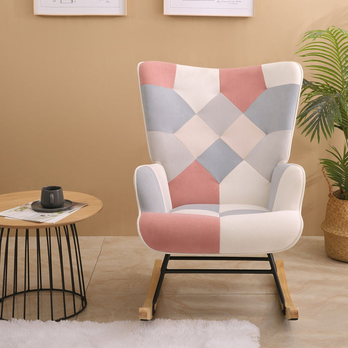 Rocking Chair, Mid Century Fabric Rocker Chair With Wood Legs And Patchwork Linen For Livingroom Bedroom - Pink