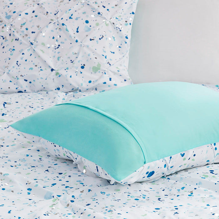 Metallic Printed And Pintucked Comforter Set, Aqua Blue