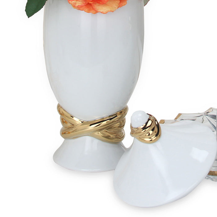 Ceramic Decorative Jar With Gold Accent And Lid - White