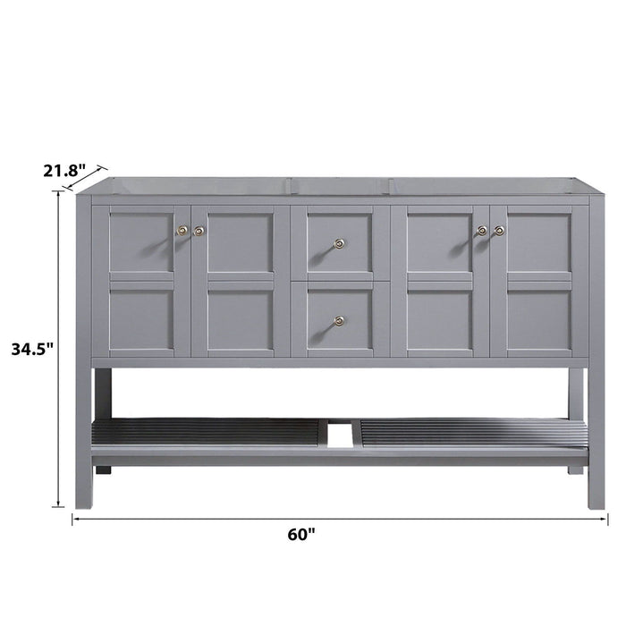 60 In Bathroom Vanity Base Cabinet Only, Double Sink Configuration, With Soft Closing Doors And Full Extension Dovetail Drawers Freestanding Bathroom Storage In Gray