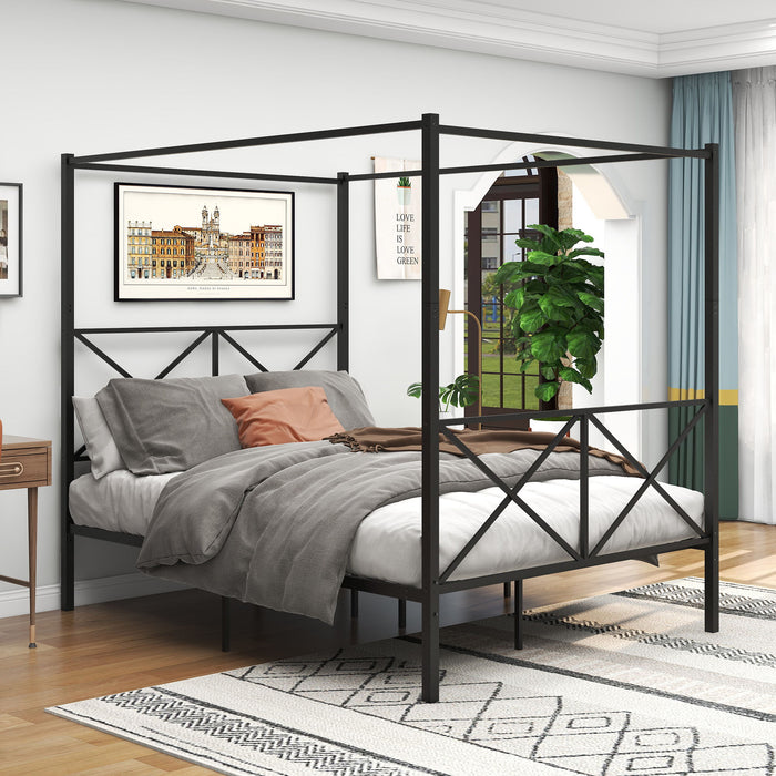 Metal Canopy Bed Frame, Platform Bed Frame Queen With X Shaped Frame Queen - Black