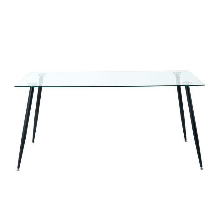 Modern Kitchen Glass Dining Table Rectangular Tempered Glass Table Top, Clear Dining Table Metal Legs, Black Legs (Set of 1)