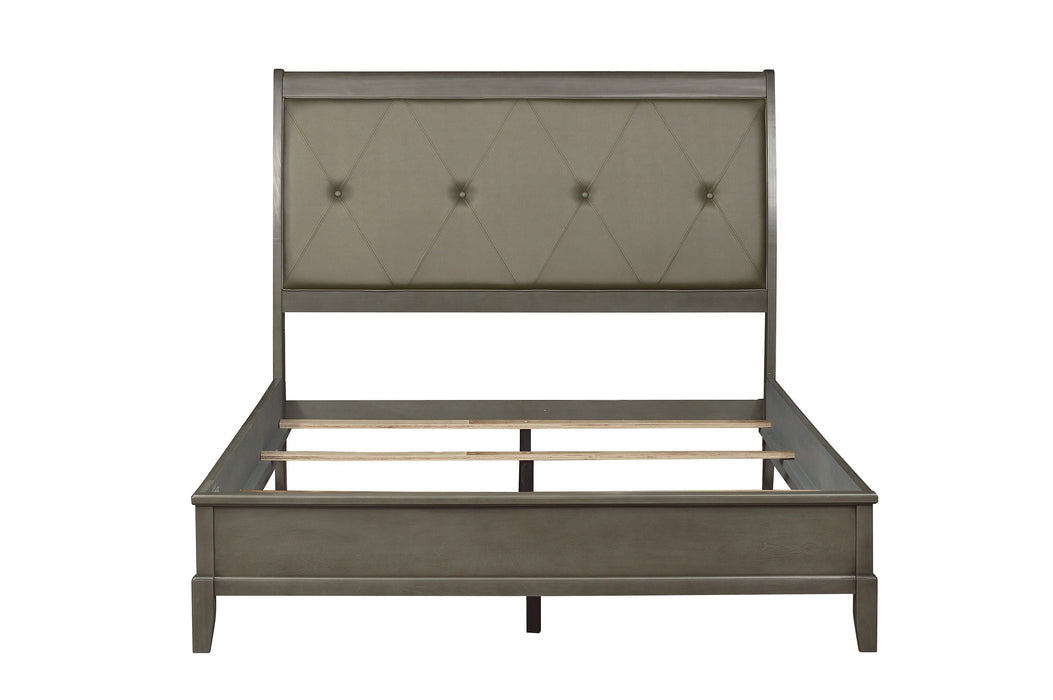 Transitional Style Gray Finish 1 Piece Queen Size Sleigh Bed Button - Tufted Faux Leather Upholstered Headboard Bedframe