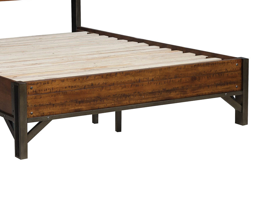 Rustic Brown And Gunmetal Finish 1 Piece Queen Size Platform Bed Industrial Design Horizontal Slats Bedroom Furniture