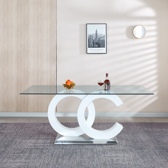 Tempered Glass Dining Table With Black MDF Middle Support And Stainless Steel Base For Modern Design - White