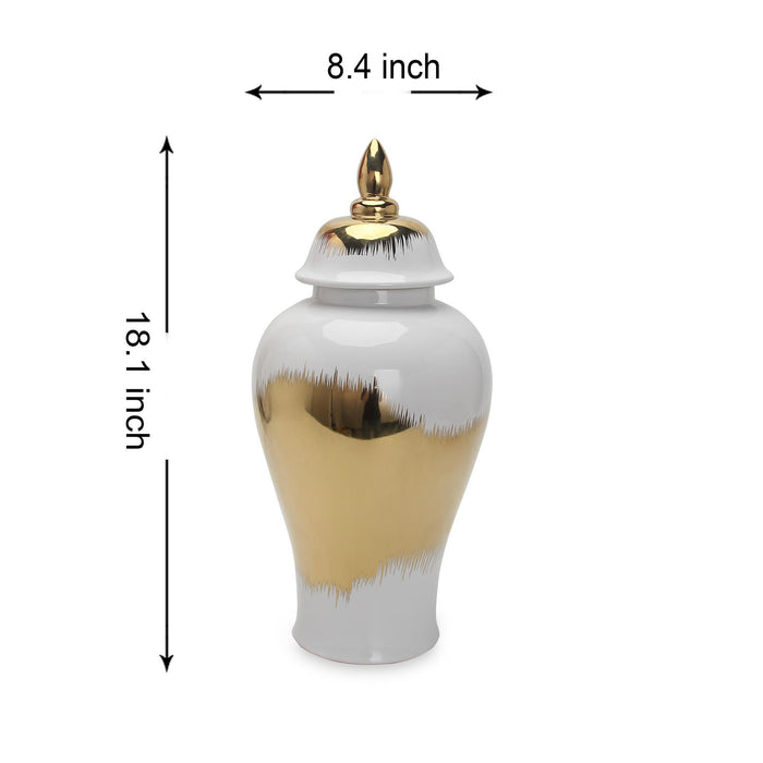 Regal White Gilded Ginger Jar With Removable Lid - Gold