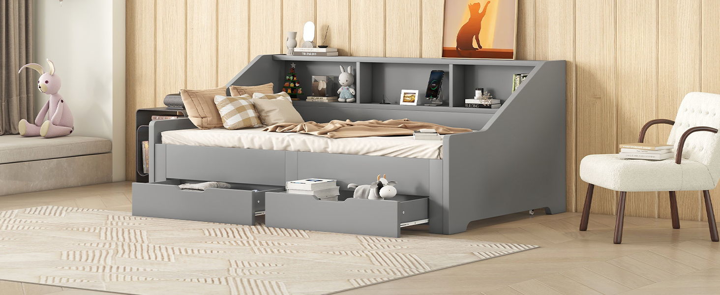 Twin To King Size Daybed Frame With Storage Bookcases And Two Drawers, Charging Design, Gray