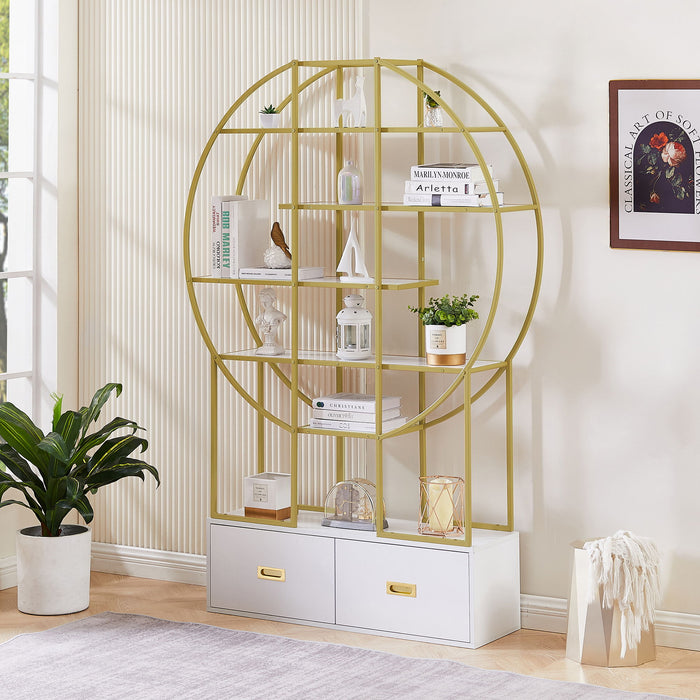 70.8 Inch Round Office Bookcase Bookshelf, Display Shelf, Two Drawers, Gold Frame