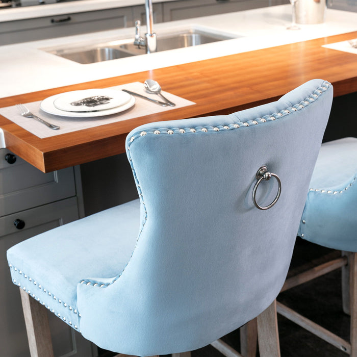 Contemporary Velvet Upholstered Barstools With Button Tufted Decoration And Wooden Legs, And Chrome Nailhead Trim, Leisure Style Bar Chairs, Bar Stools, (Set of 2) (Light Blue), 1902Lb
