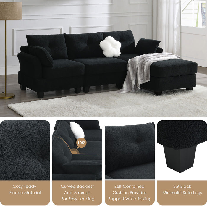 Modern Teddy Velvet Sectional Sofa, Charging Ports On Each Side, L-Shaped Couch With Storage Ottoman, 4 Seat Interior Furniture For Living Room, Apartment, 3 Colors (3 Pillows) - Black