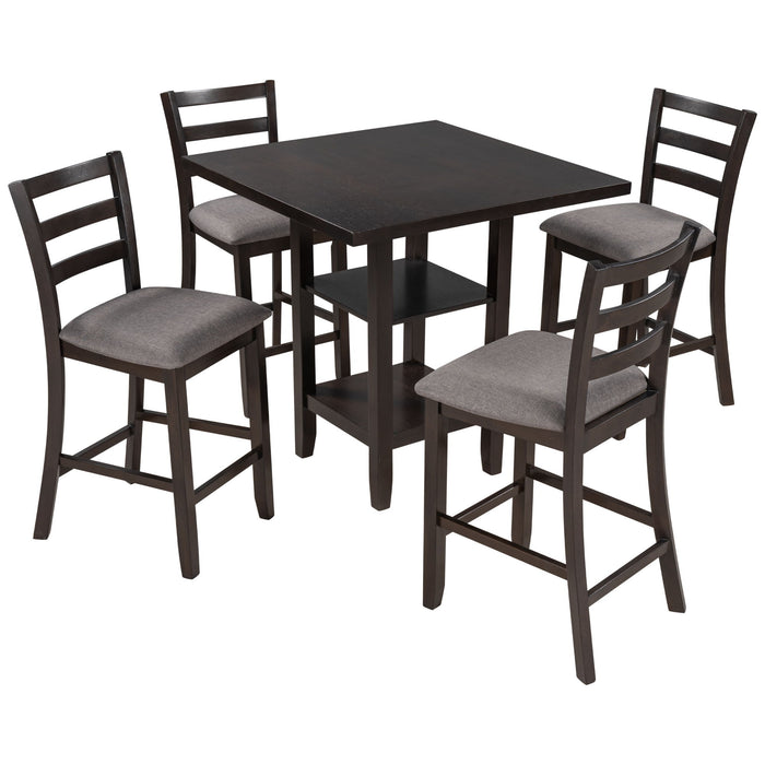 Trexm 5 Piece Wooden Counter Height Dining Set With Padded Chairs And Storage Shelving - Espresso