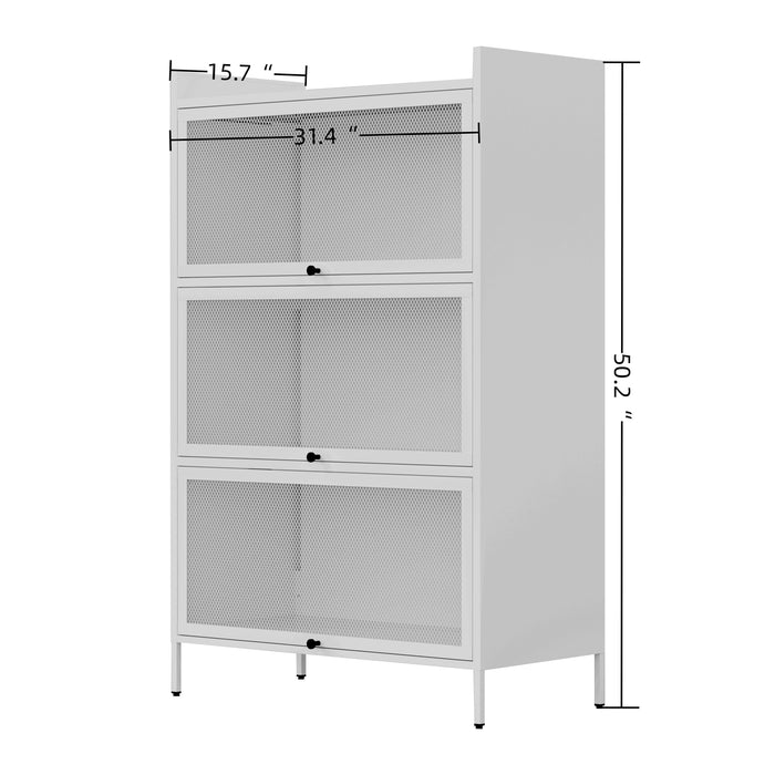 White 3 - Tier Buffet Cabinet: Detachable, Folding Mesh Doors, Sturdy Steel Construction With Excellent Load - Bearing Capacity