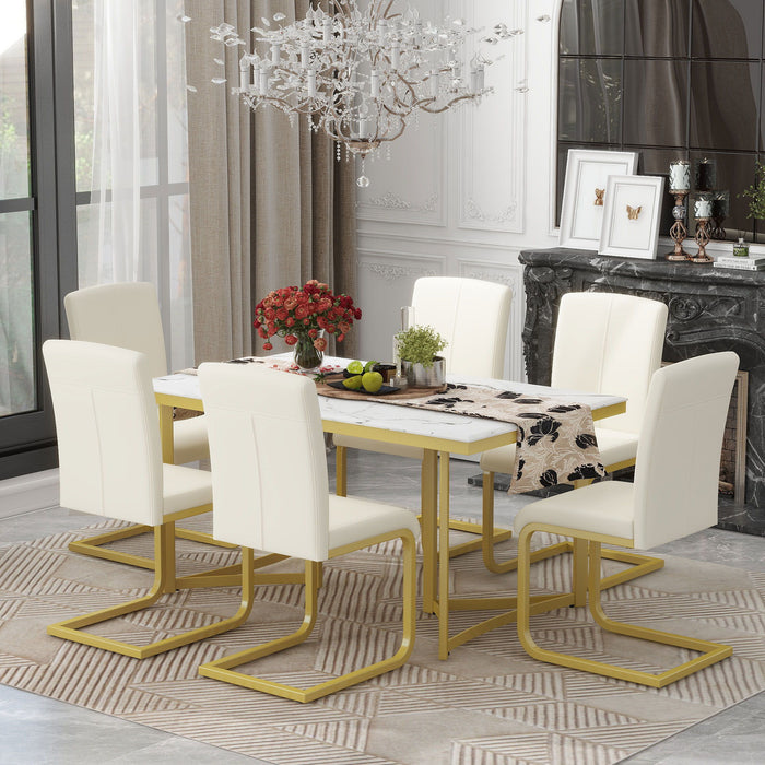 Trexm 7 Piece Modern Dining Table Set, Rectangular Marble Sticker Table And 6 PU Leather Chairs With Golden Steel Pipe Legs For Dining Room And Kitchen (White)