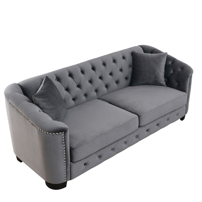 77 Inch Modern Chesterfield Velvet Sofa, 3-Seater Sofa, Upholstered Tufted Backrests With Nailhead Arms And 2 Cushions For Living Room, Bedroom, Apartment, Office - Gray