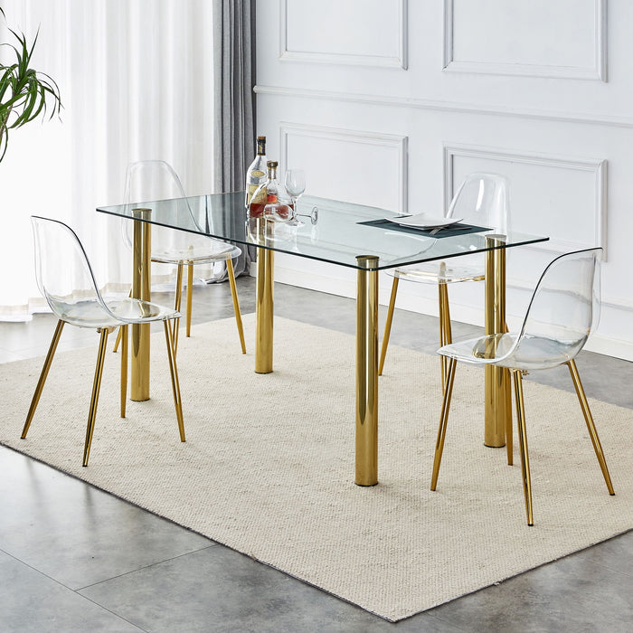 1 Table With 6 Chairs, Transparent Tempered Glass Tabletop, Thickness Of 0.3 Feet, Golden Metal Legs, Paired With Plastic Armless Crystal Chair, Gold - Plated Metal Legs