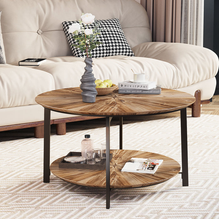 Round Coffee Table, Stand Wooden Double Layer Coffee Table With Open Storage Space And Metal Table Legs For Living Room, Bedroom