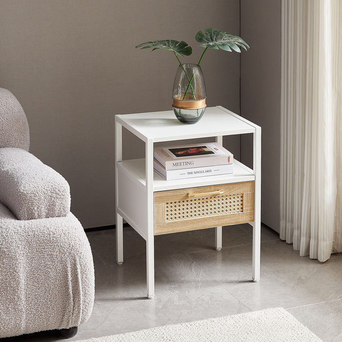 Rattan End Table With Drawer, Modern Nightstand, Metal Legs, Side Table For Living Room, Bedroom, White (1 Piece)
