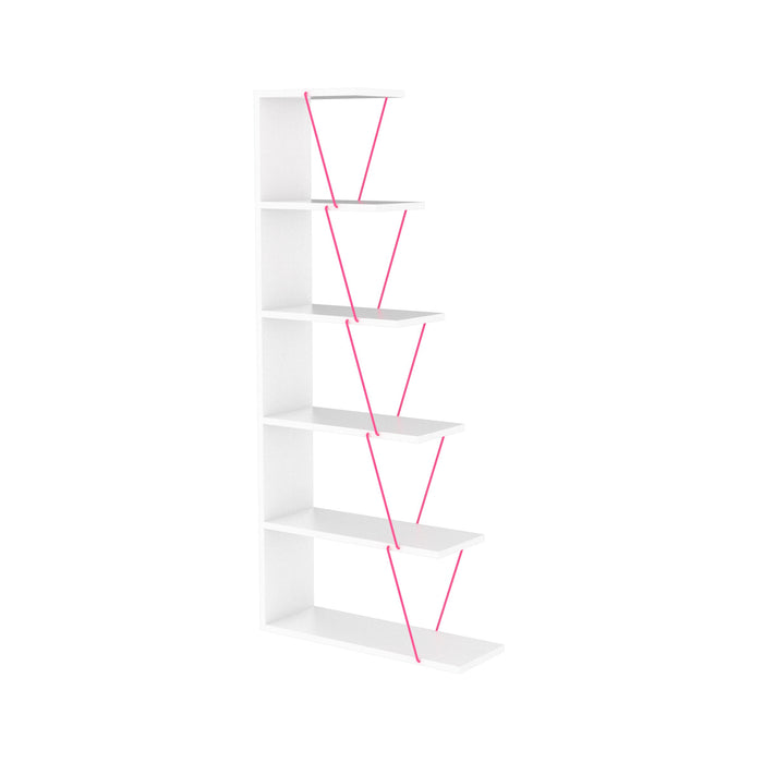 Furnish Home Store Modern 5 Tier Ladder Bookshelf Organizers, Narrow Bookshelf For Small Spaces Office Furniture Bookcase, White/Pink
