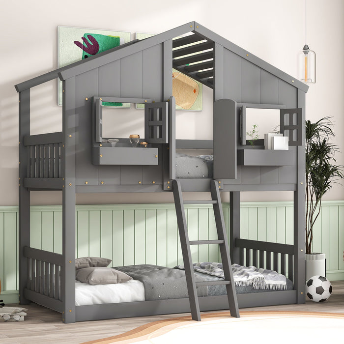 Twin Over Twin House Bunk Bed With Roof, Safety Guardrails And Ladder - Grey