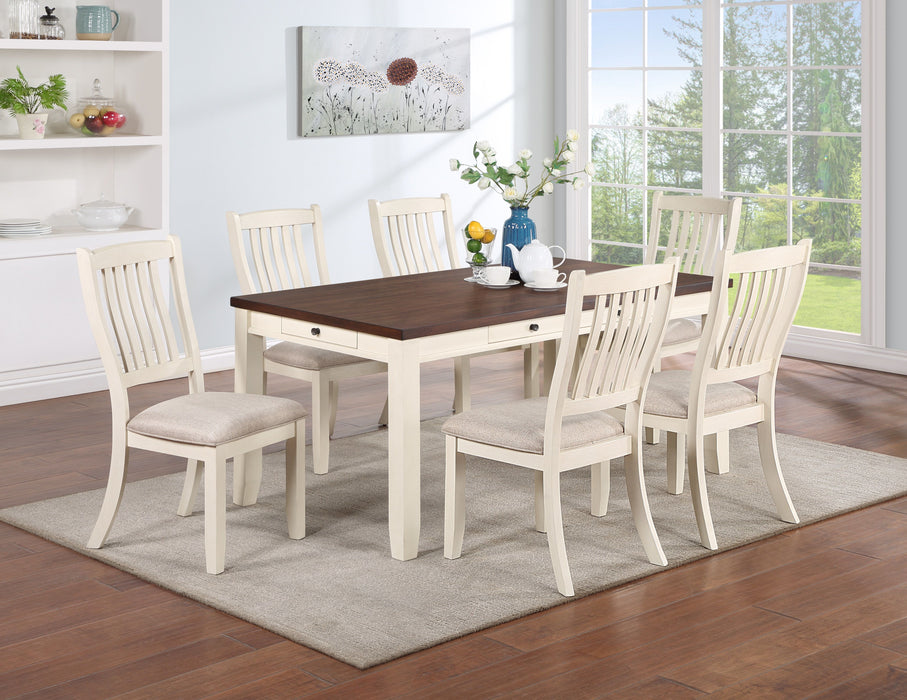Classic Dining Room Furniture 7 Pieces Dining Set Dining Table Drawers 6 Side Chairs White Rubberwood Walnut Acacia Veneer Slats Back Chair