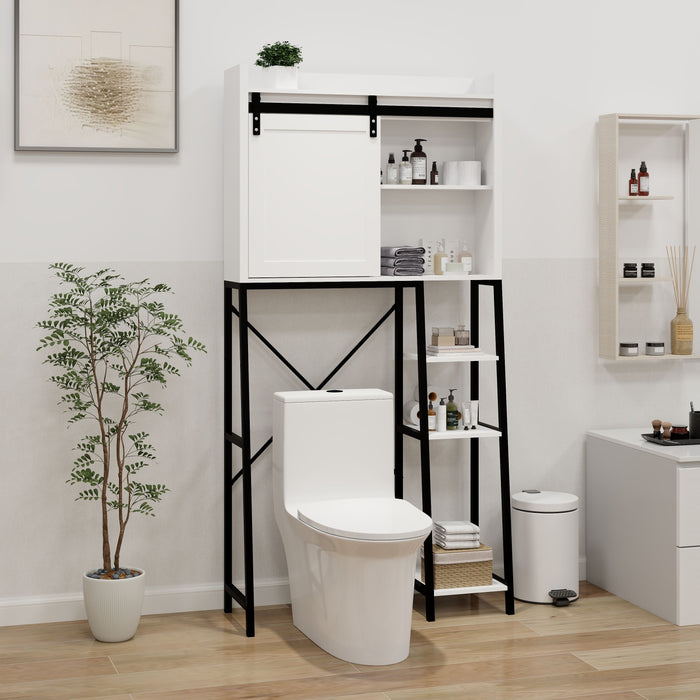 Over The Toilet Storage Cabinet, Bathroom Shelves Over Toilet With Sliding Barn Door, Adjustable Shelves And Side Storage Rack - White