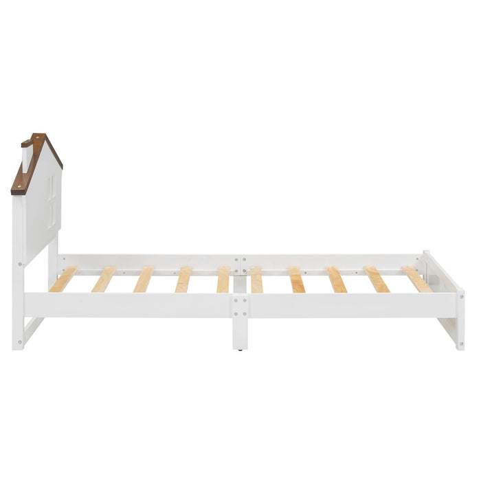 Twin Size Wood Platform Bed With House - Shaped Headboard And Built-In LED, Walnut / White