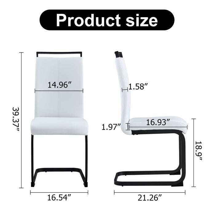 Table And Chair Set, 1 Table With 4 White Chairs. 0.4" Tempered Glass Desktop And Black MDF, PU Artificial Leather High Backrest Cushion Side Chair, C - Shaped Tube Black Coated Metal Legs