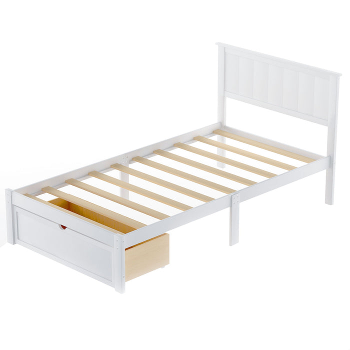 Twin Size Platform Bed With Under Bed Drawer, White