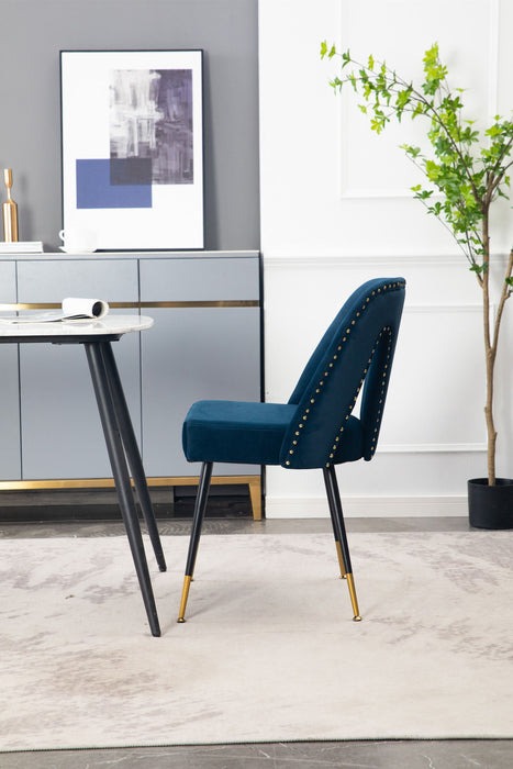 Akoya Collection Modern Contemporary Velvet Upholstered Dining Chair With Nailheads And Gold Tipped Black Metal Legs, Blue, (Set of 2)