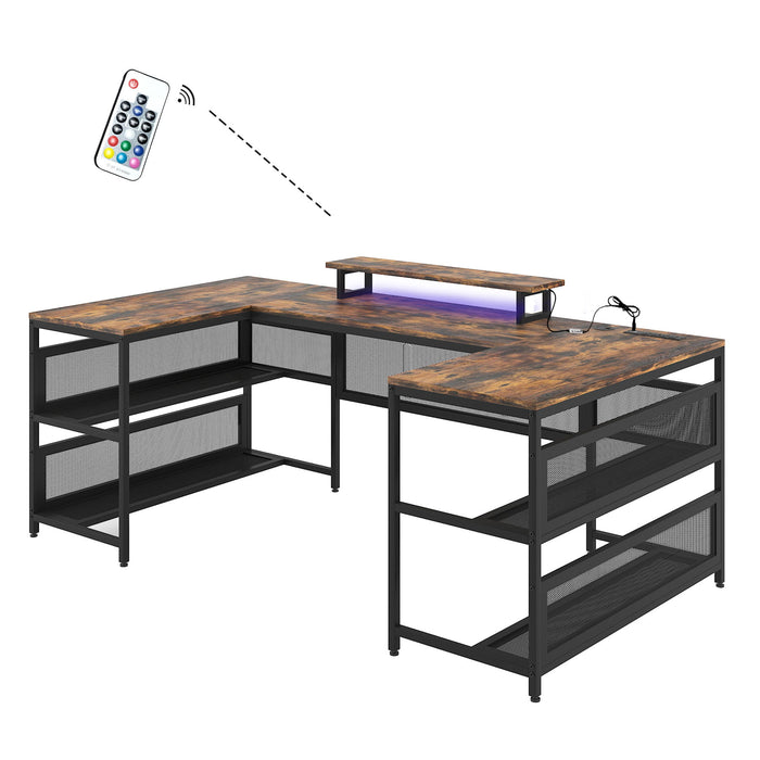 U Shaped Desk With Shelve And Led Lights - Brown