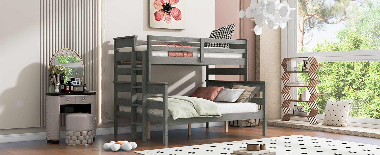 Wood Twin Over Full Bunk Bed With Ladder, Gray
