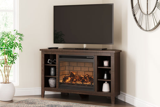 Camiburg - Warm Brown - Corner TV Stand With Faux Firebrick Fireplace Insert Unique Piece Furniture