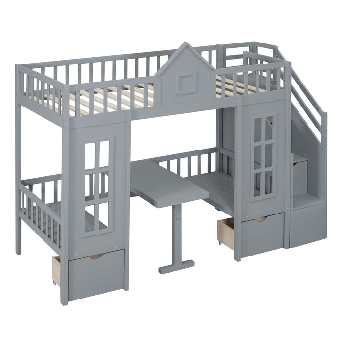 Twin-Over-Twin Bunk Bed With Changeable Table, Bunk Bed Turn Into Upper Bed And Down Desk - Gray
