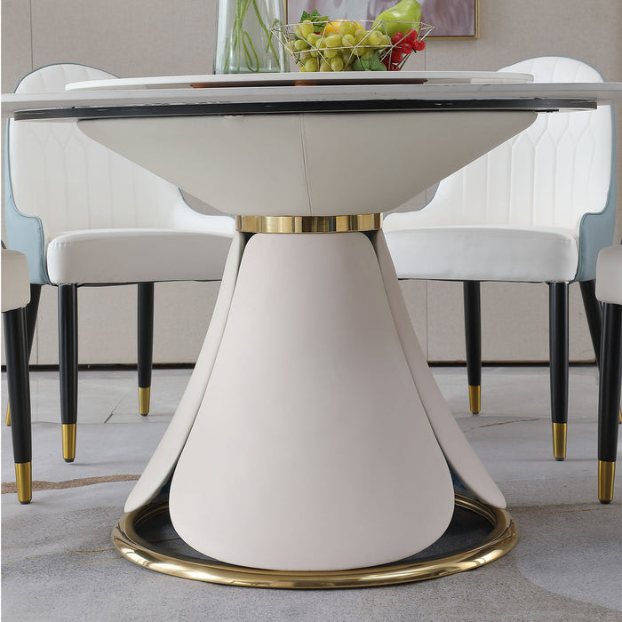 Modern Sintered Stone Dining Table With Round Turntable With Wood And Metal Exquisite Pedestal With 8 Pieces Chairs - White