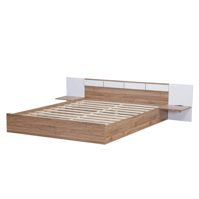 Queen Size Platform Bed With Headboard, Shelves, Usb Ports And Sockets, Natural