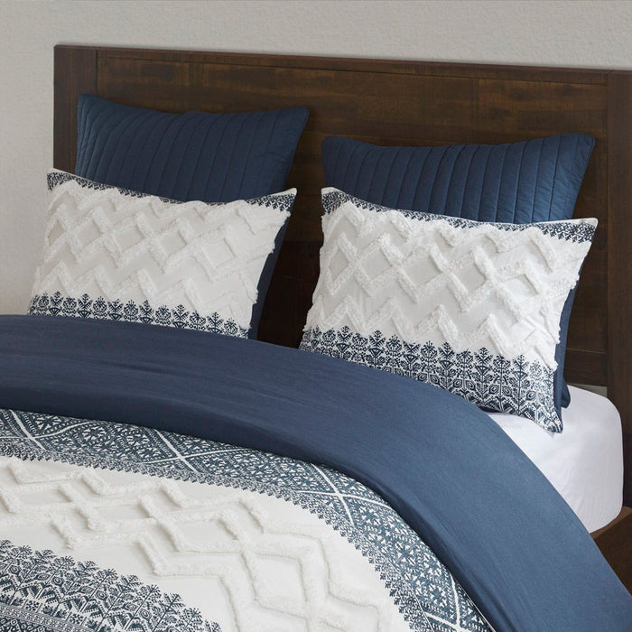 3 Piece Cotton Comforter Set With Chenille Tufting, Navy