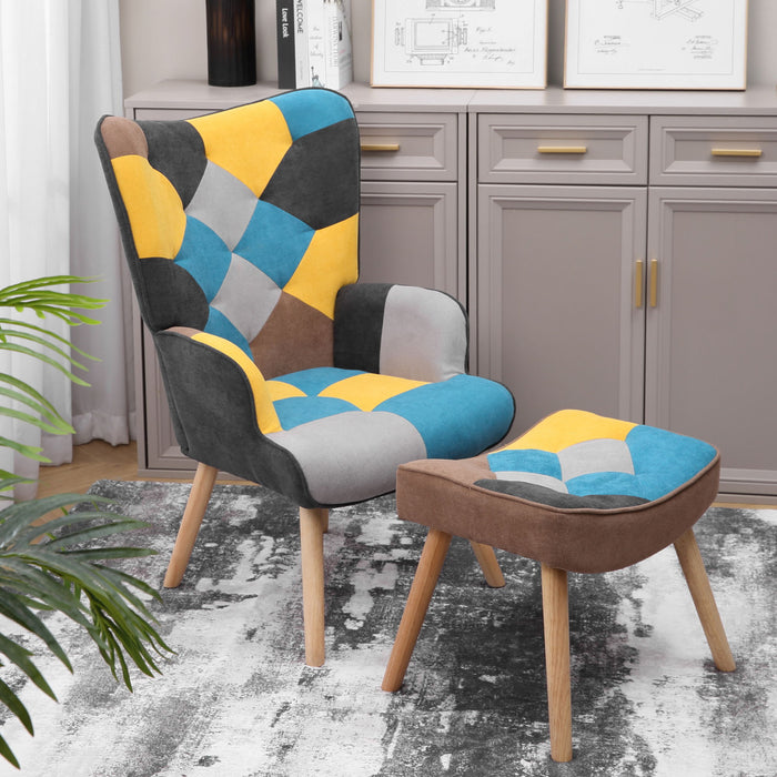 Accent Chair With Ottoman, Living Room Chair And Ottoman Set, Comfy Side Armchair, Creative Splicing Cloth Surface