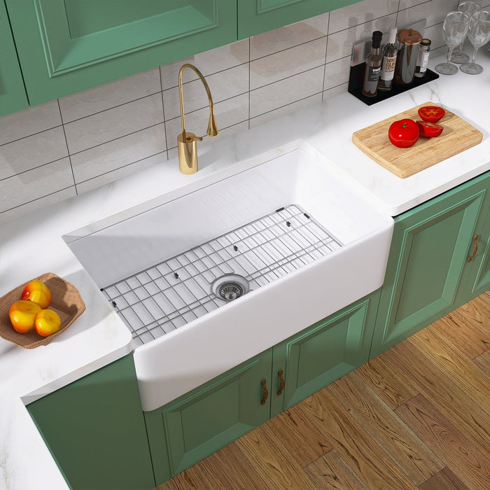 30 Inch Fireclay Farmhouse Kitchen Sink White Single Bowl Apron Front Kitchen Sink, Bottom Grid And Kitchen Sink Drain Included
