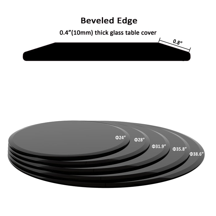28" Round Tempered Glass Table Top Black Glass 3/8" Thick Beveled Polished Edge