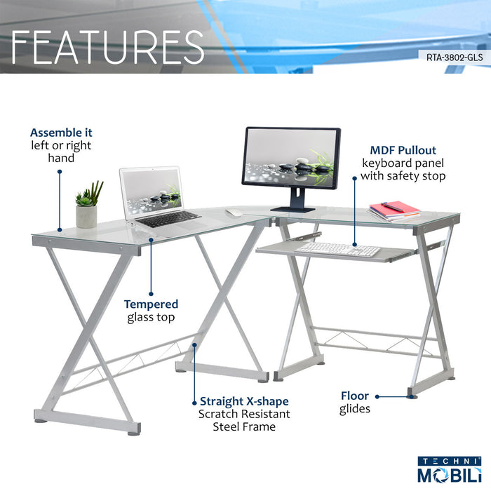 Techni Mobili Shaped Tempered Glass Top Computer Desk With Pull Out Keyboard Panel, Clear