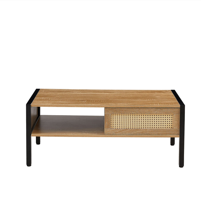 Rattan Coffee Table, Sliding Door For Storage, Metal Legs, Modern Table For Living Room, Natural