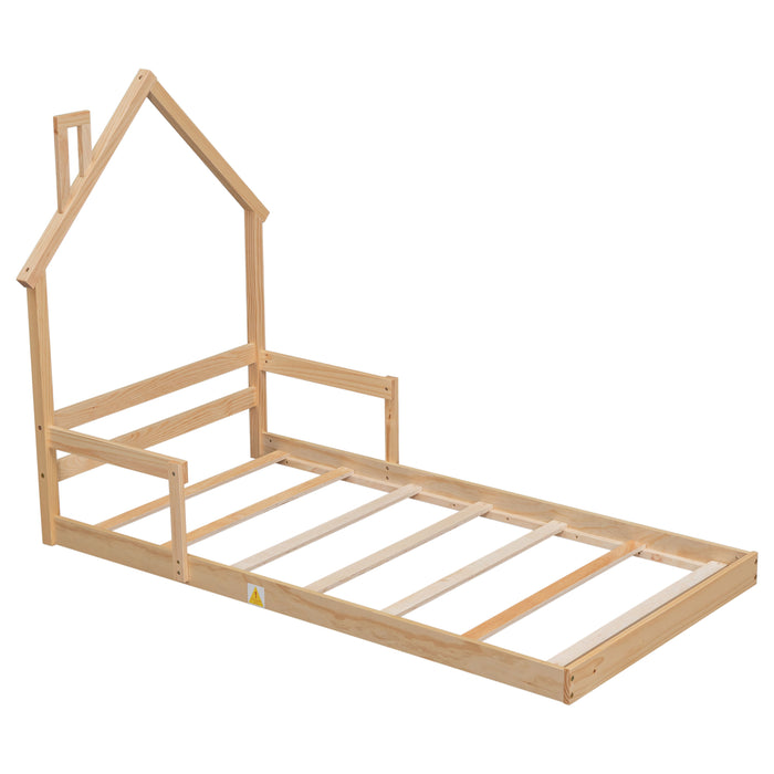 Twin House - Shaped Headboard Floor Bed With Handrails, Slats, Natural